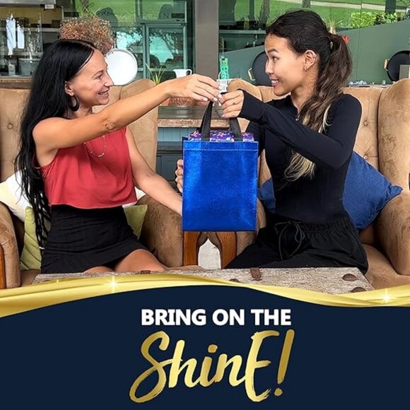 Blue Gift Bags Medium Size – Set of 12 Shiny Blue Reusable Gift Bags With Handle - Picture 4 of 5